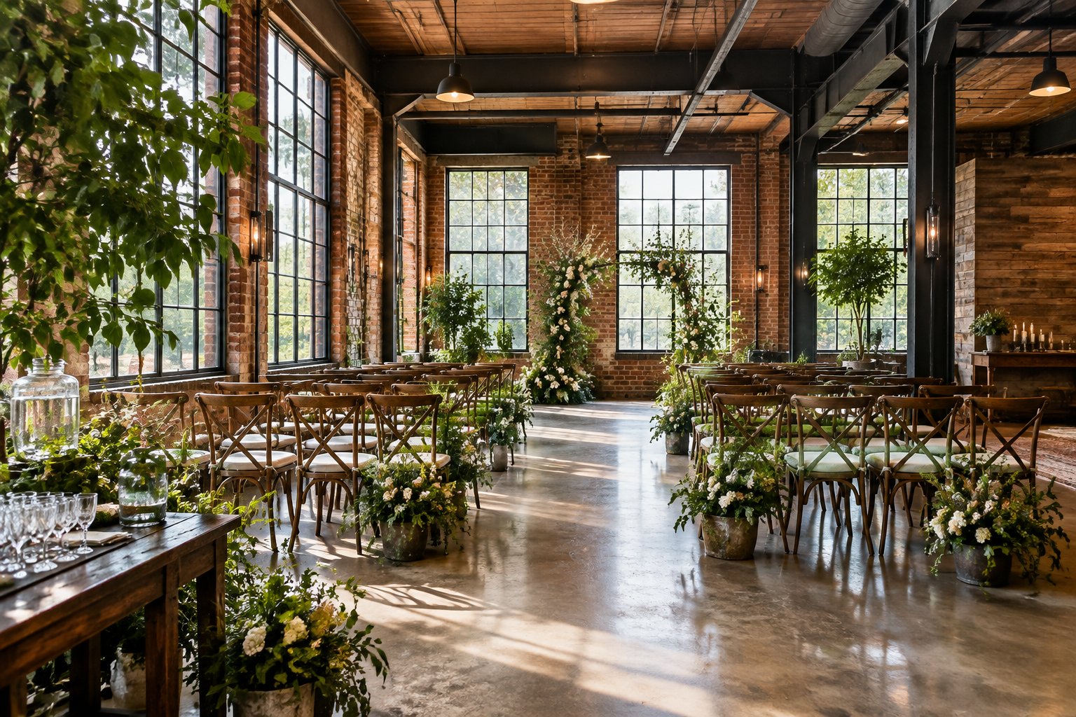 A brick factory venue set for a wedding ceremony with chairs, greenery, and wooden furnishings.