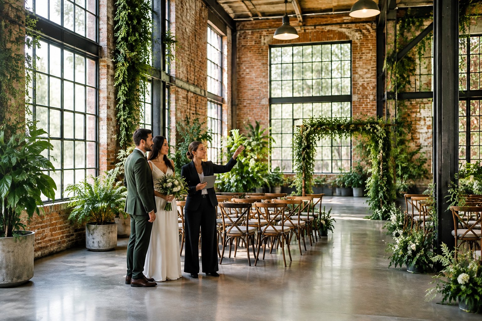 A couple and venue coordinator view a leafy industrial wedding venue.