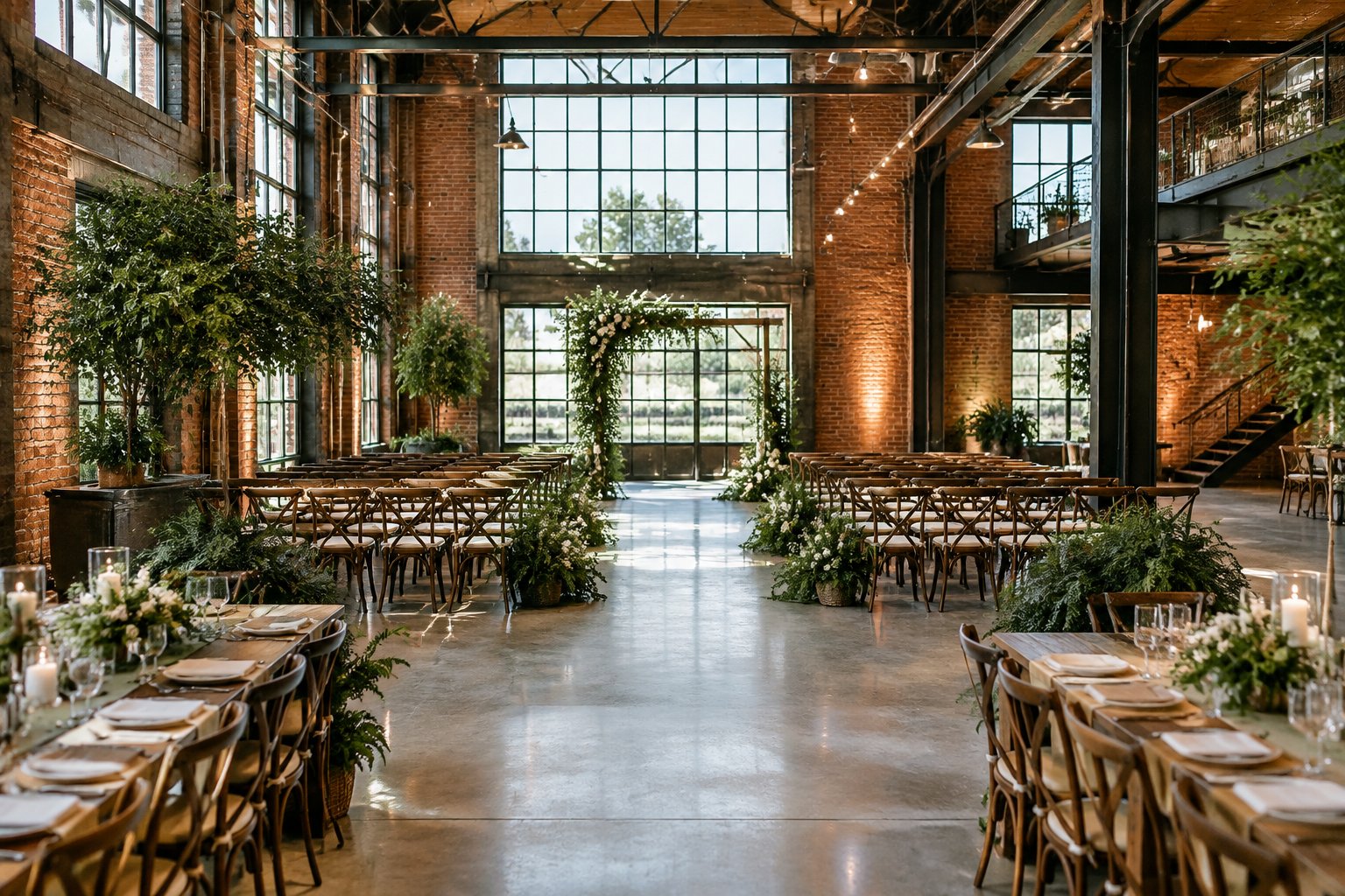 A wedding ceremony setup with greenery inside a brick industrial venue.