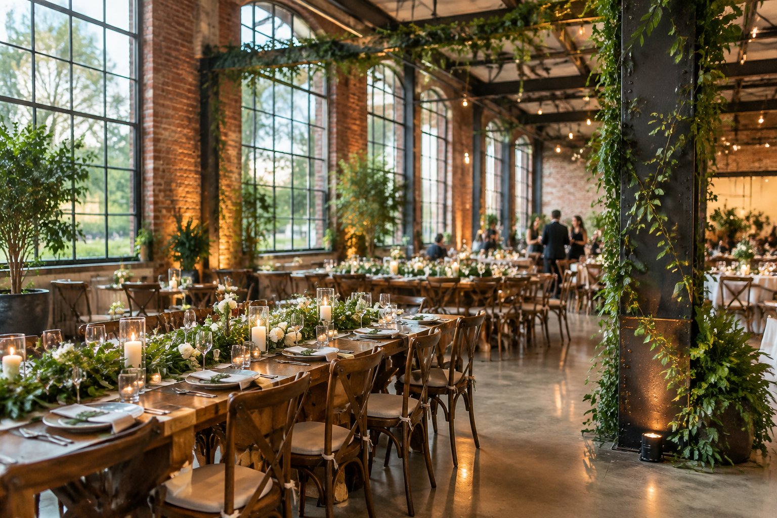 Greenery decorates tables and beams in a spacious warehouse wedding venue.
