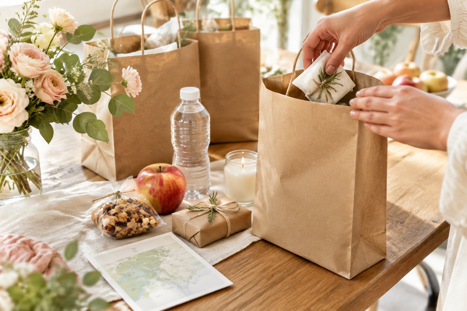 Hands arrange snacks, drinks, and small gifts in wedding guest welcome bags.