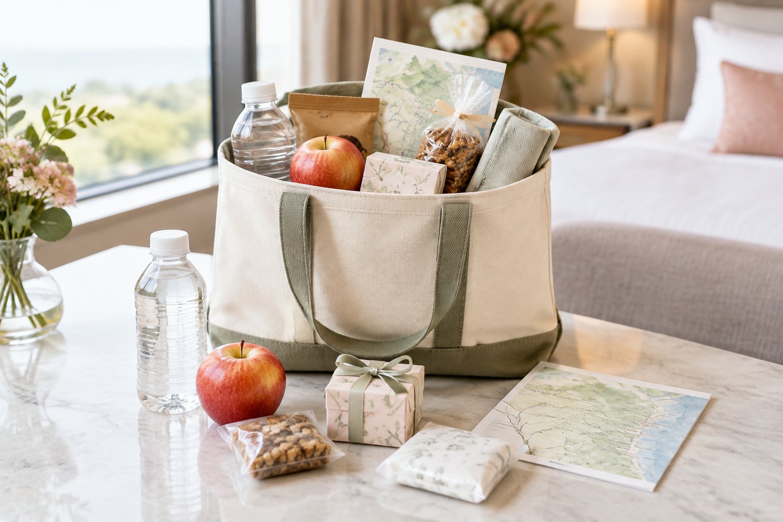 An open wedding welcome bag filled with water, snacks, fruit, and small guest gifts.