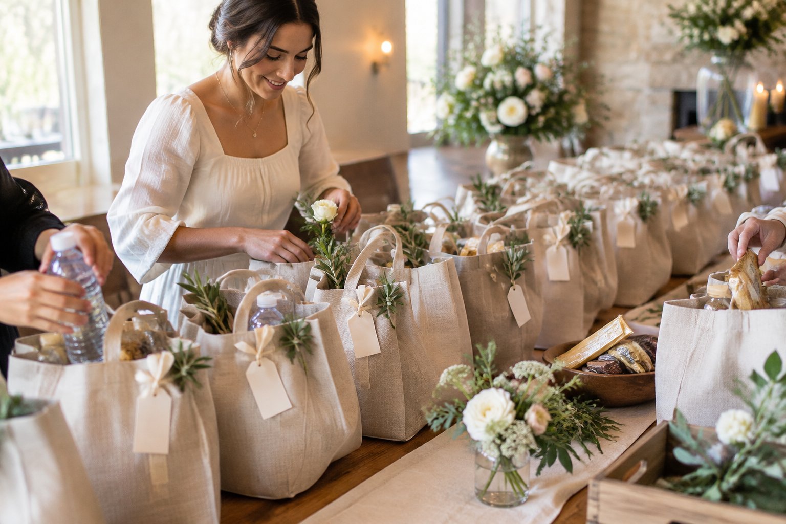 A person arranges personalized welcome bags with small gifts on a table.