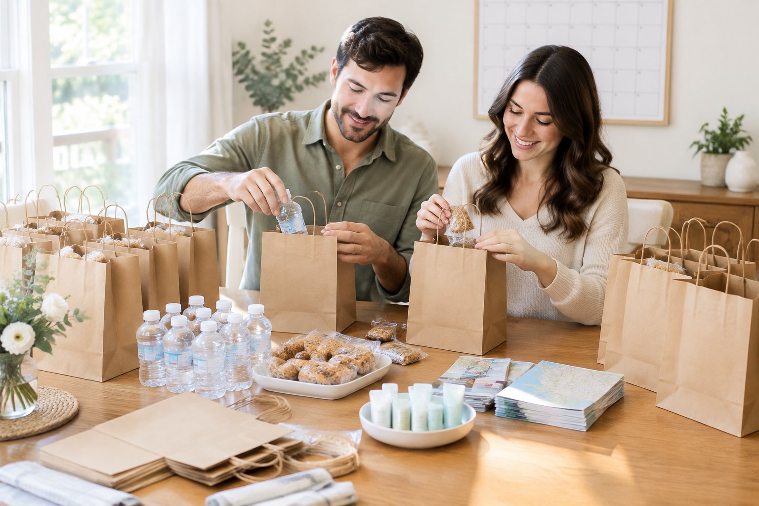 A couple organizes wedding guest welcome bags at a dining table.