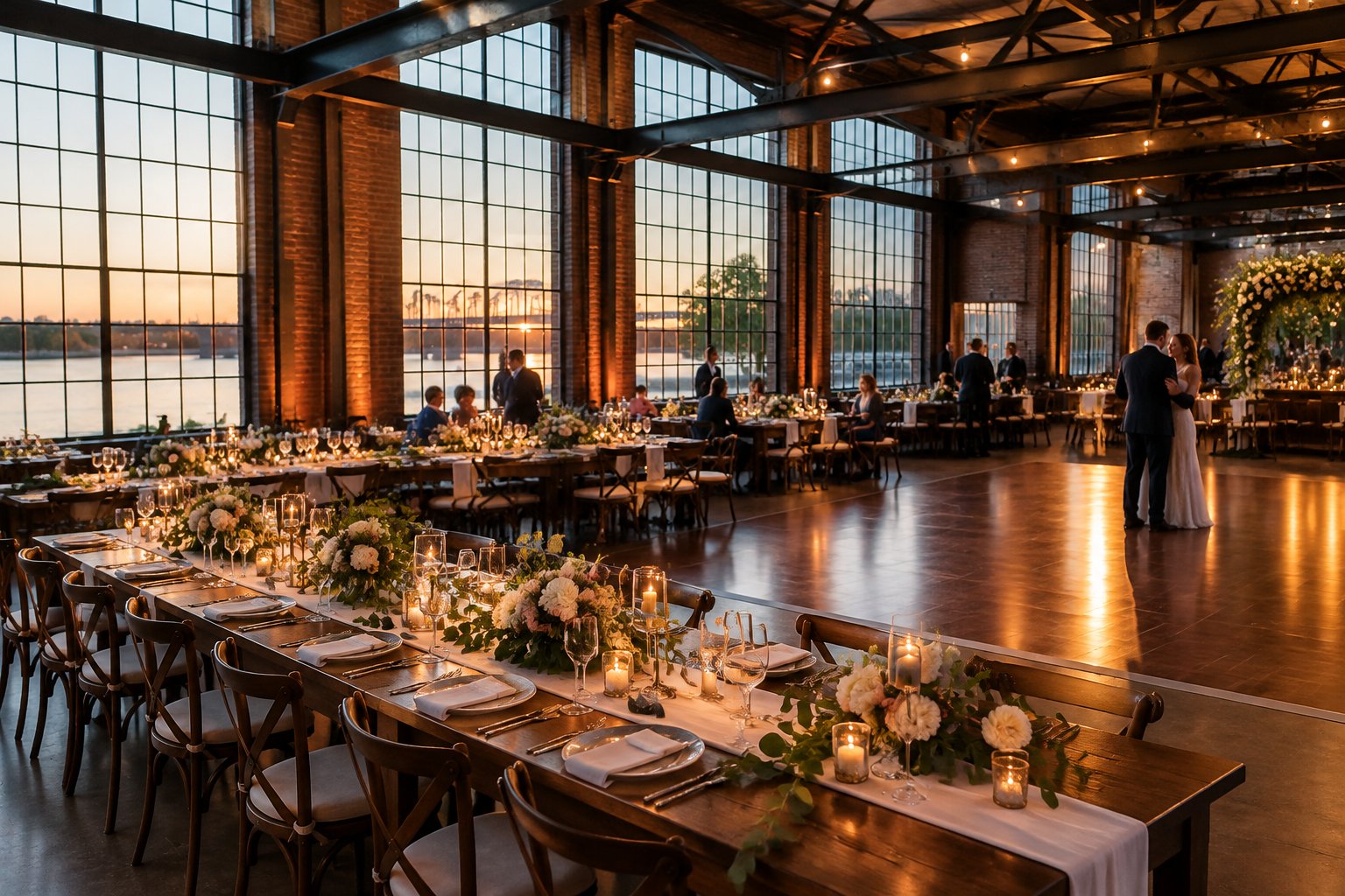 A wedding reception in a brick industrial venue beside a river.