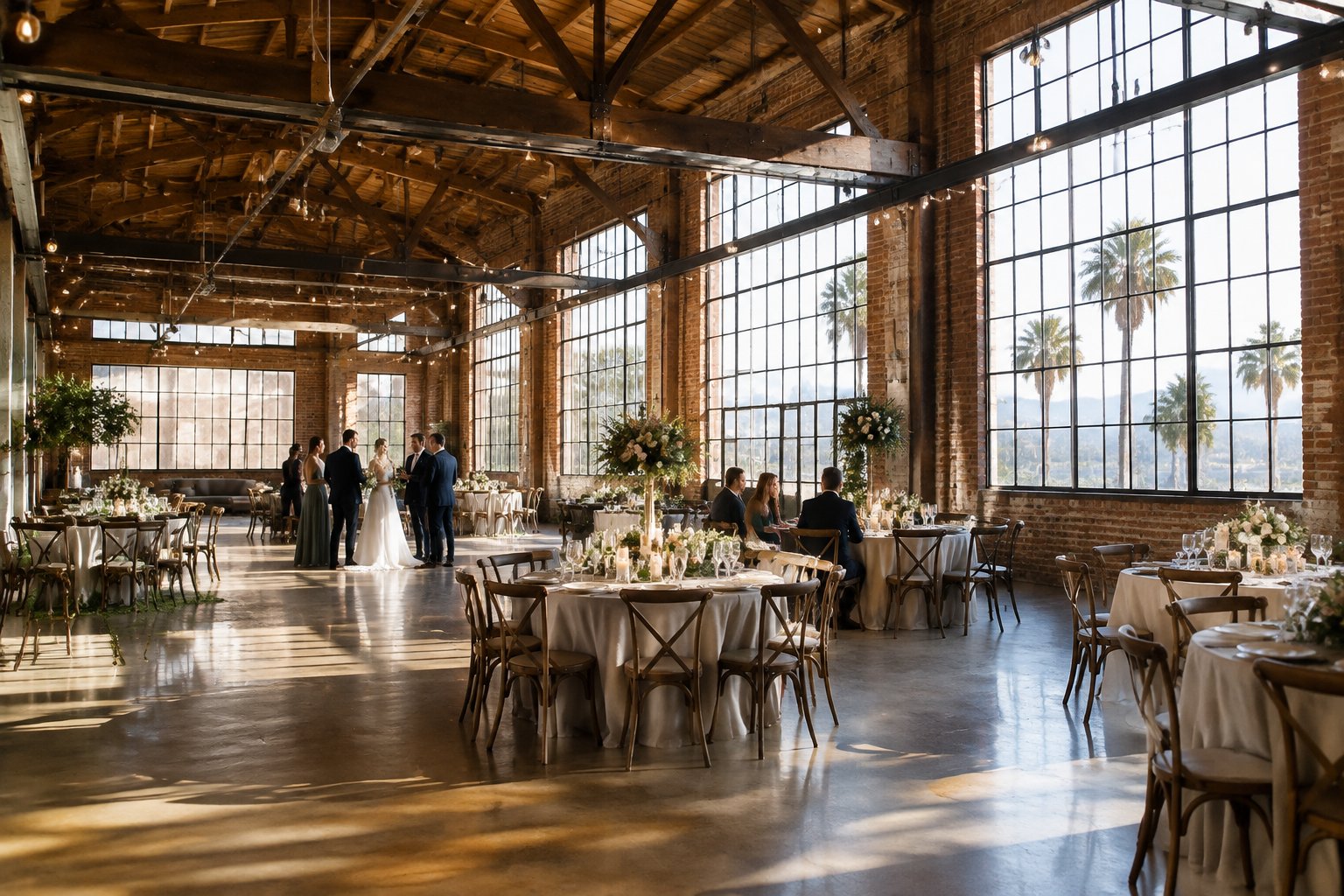 Guests gather around decorated tables inside a brick wedding venue.