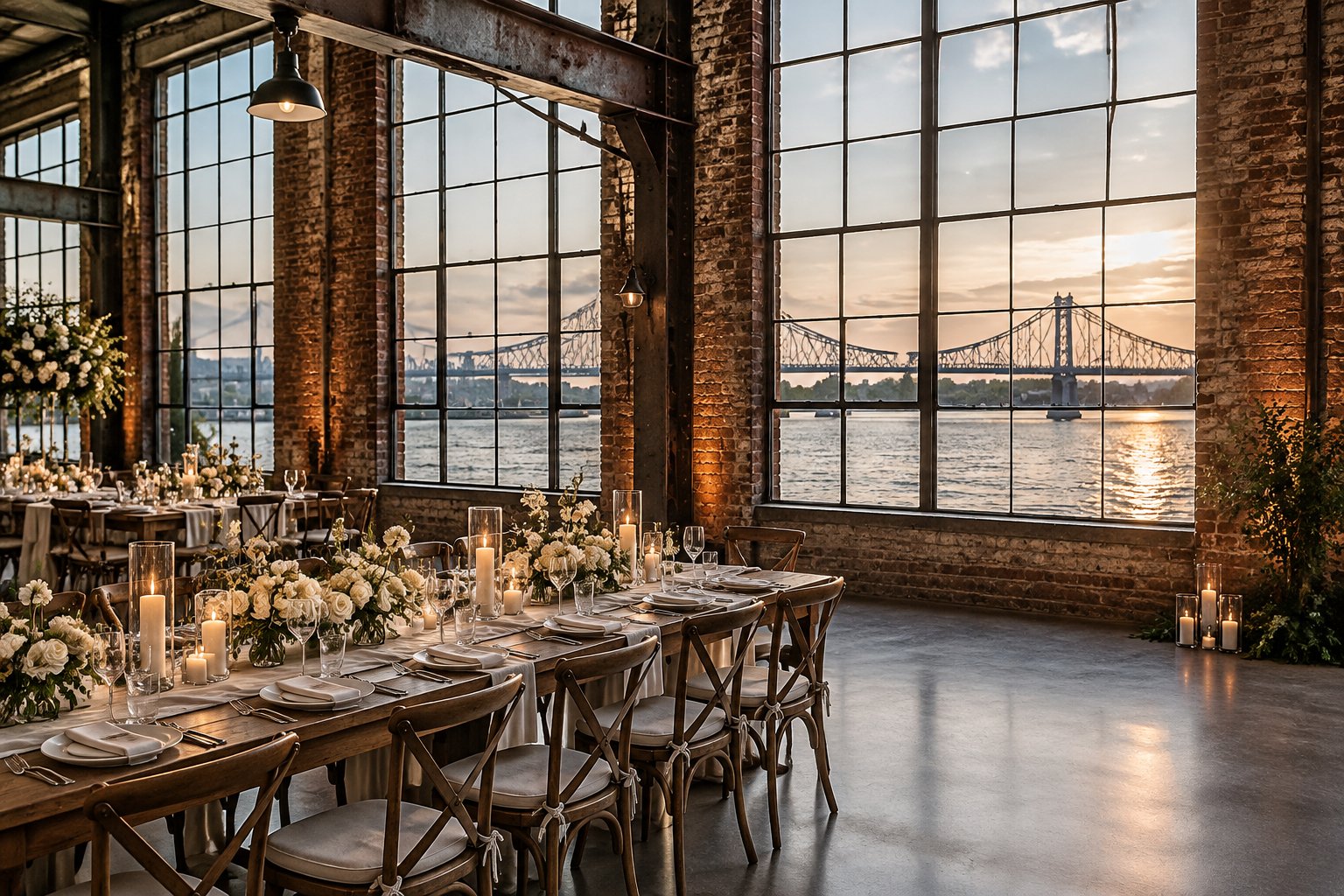 A wedding reception table inside a riverside warehouse with the river visible through tall windows.