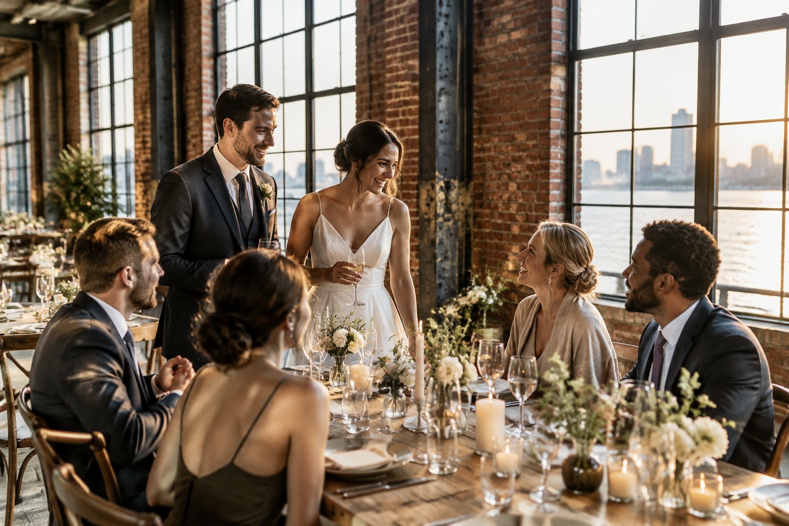 A couple and guests mingle at a riverside wedding reception.