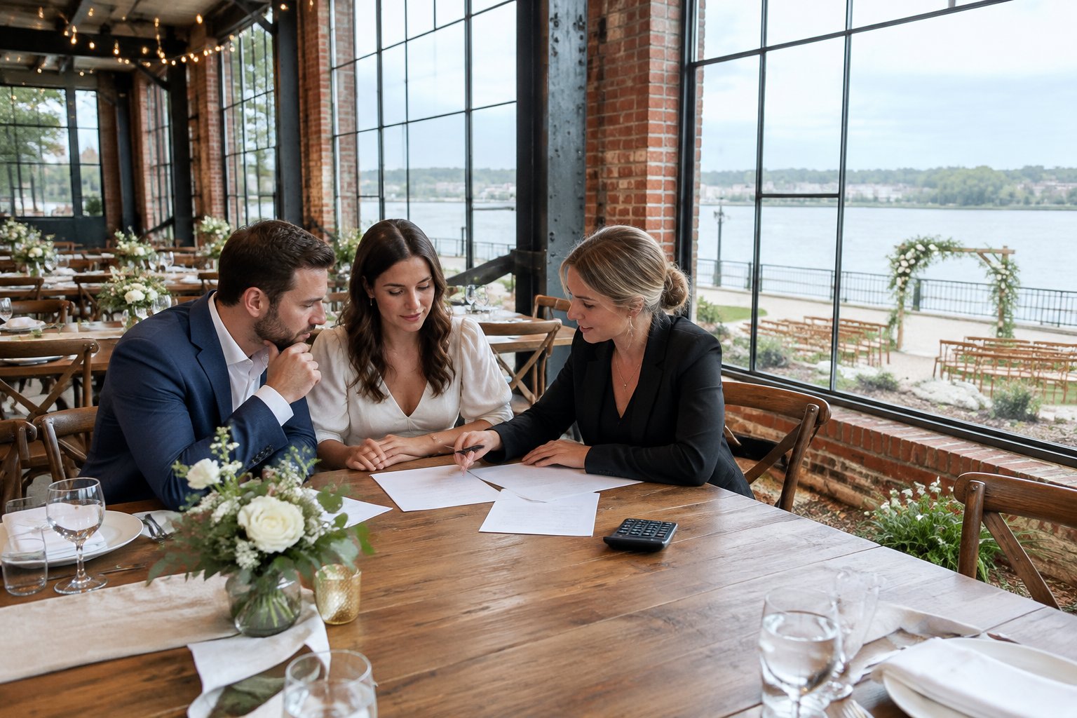 A couple and wedding planner review papers at a table in a riverside warehouse venue.