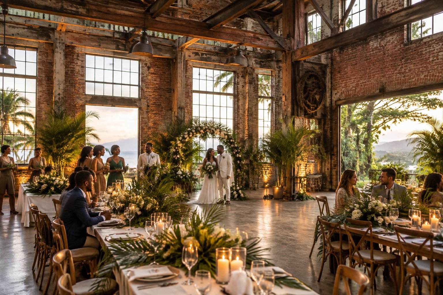 Guests celebrate at a wedding reception in a historic Jamaican industrial venue.