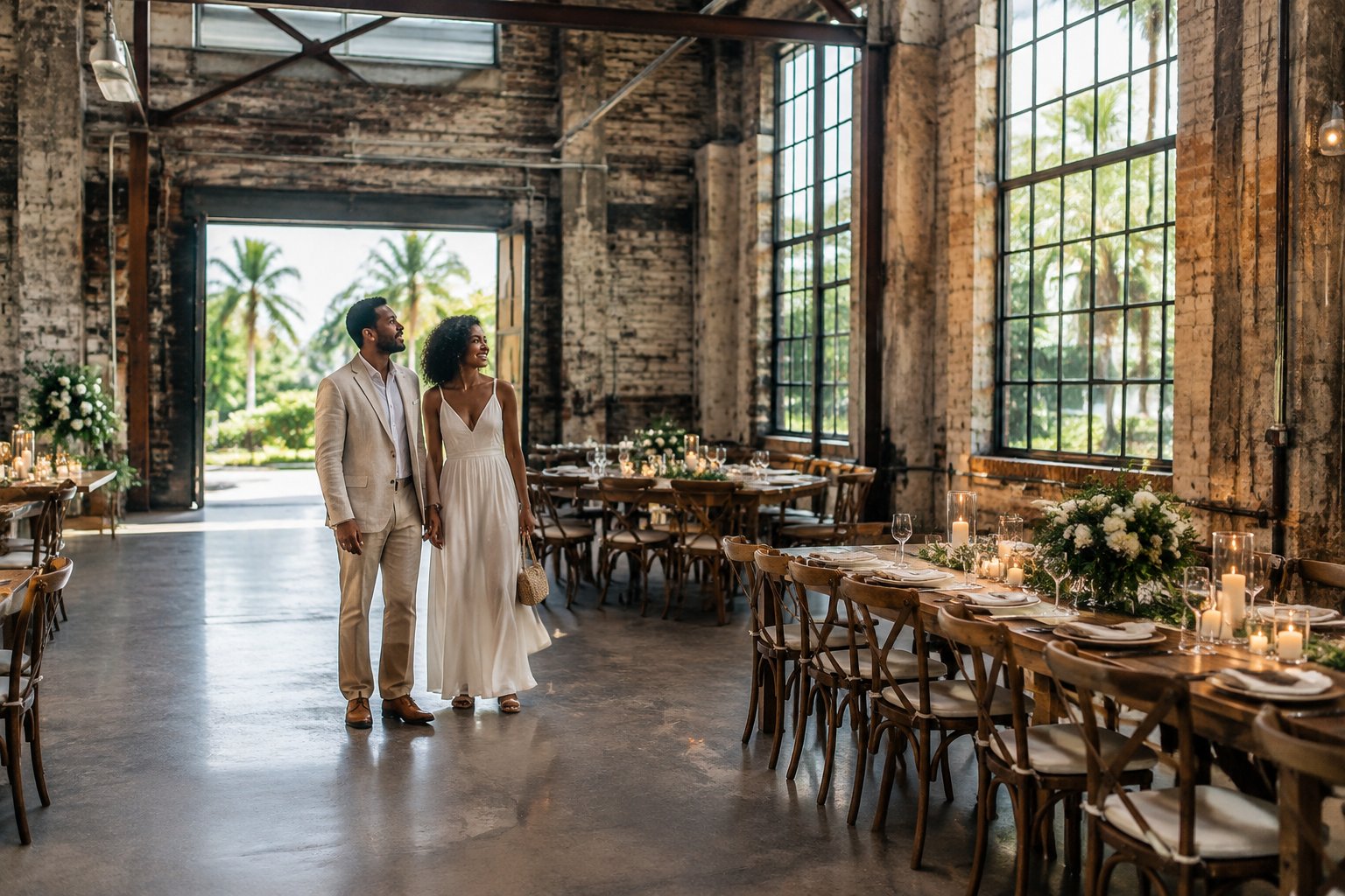 A couple explores a warehouse wedding venue with tropical greenery visible outside.
