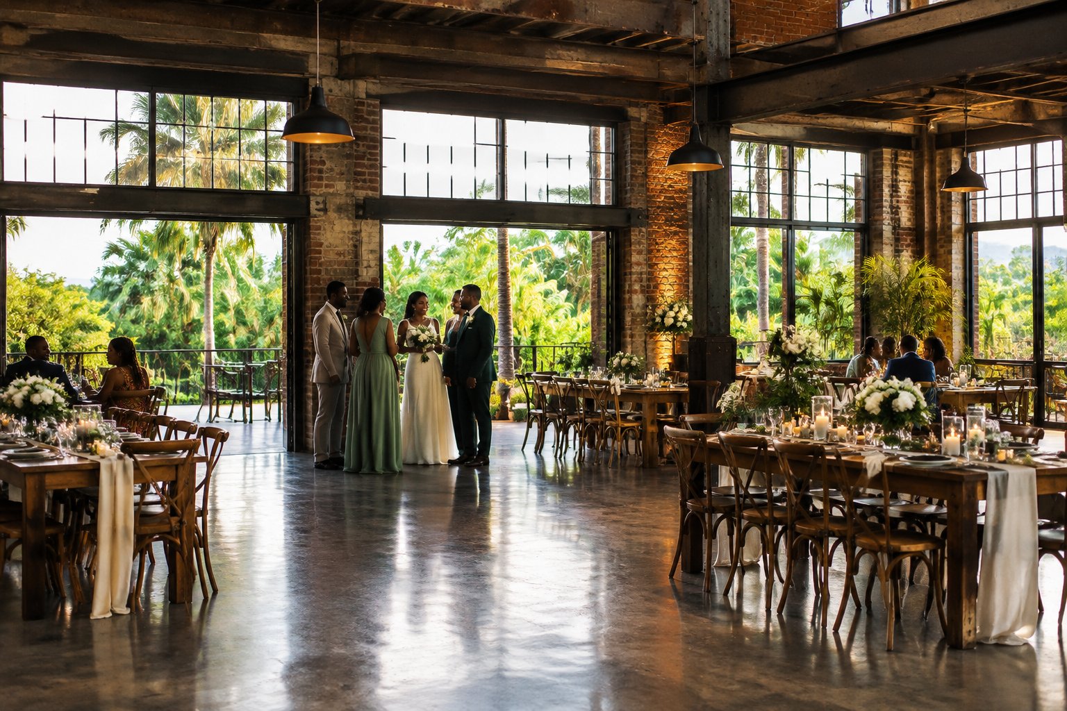 Guests celebrate at a wedding reception inside a warehouse with tropical greenery outside.