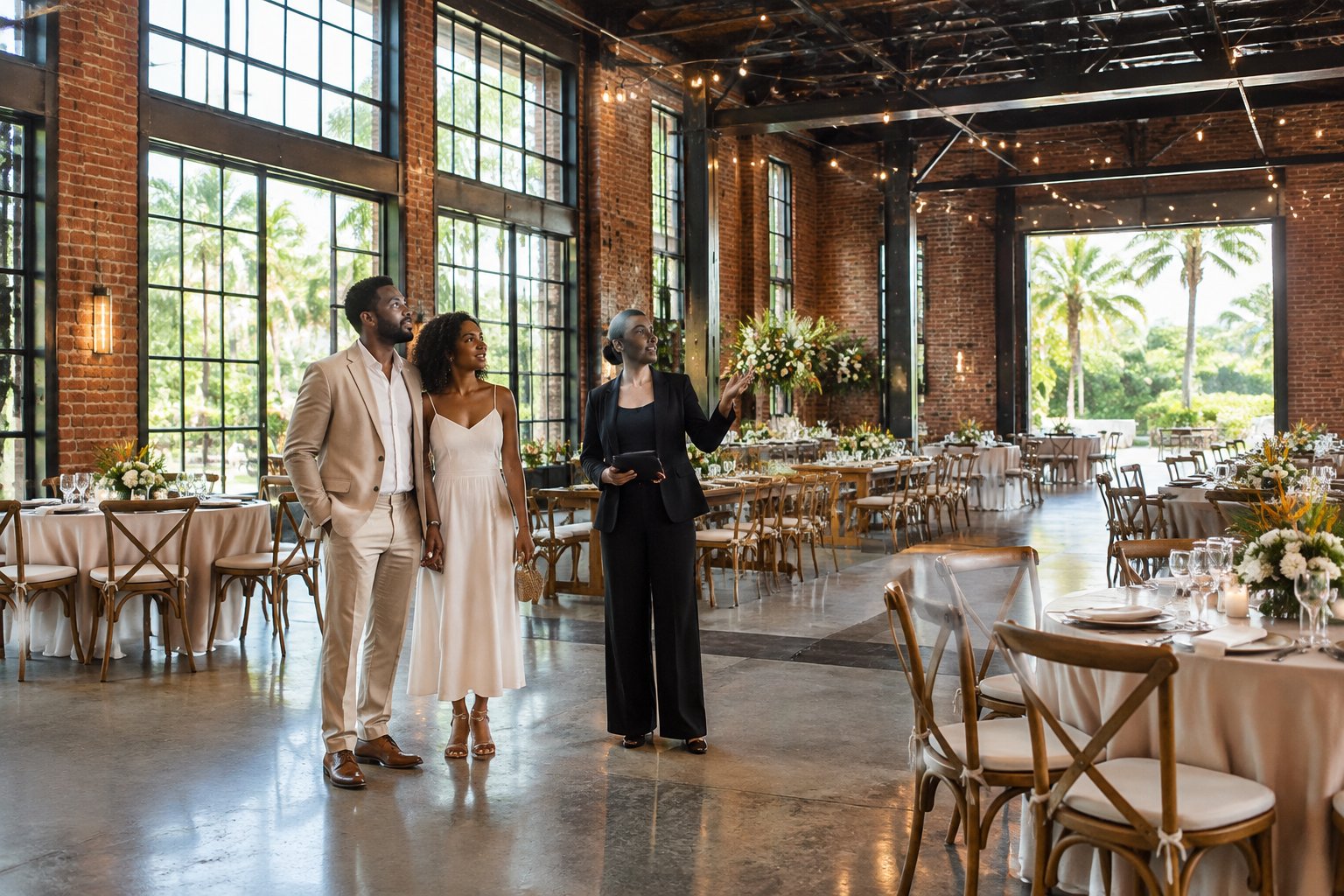 A couple and wedding planner compare an industrial wedding venue with tropical greenery outside.