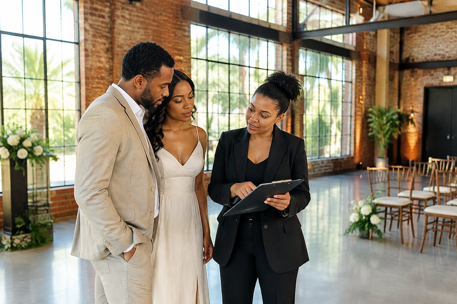 A couple reviews a floor plan with a venue coordinator inside an industrial wedding venue.