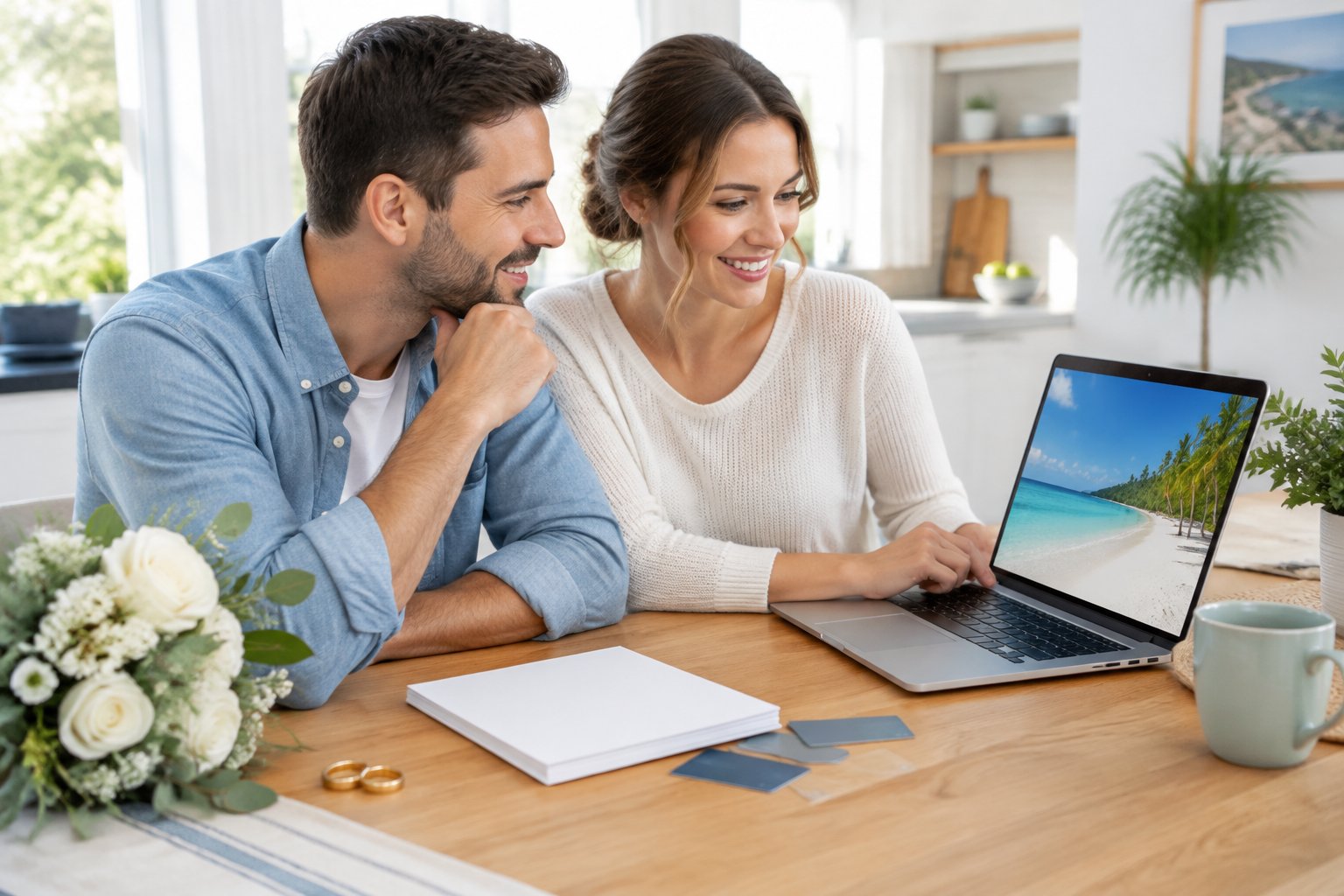 A newlywed couple reviews honeymoon plans together at a kitchen table.