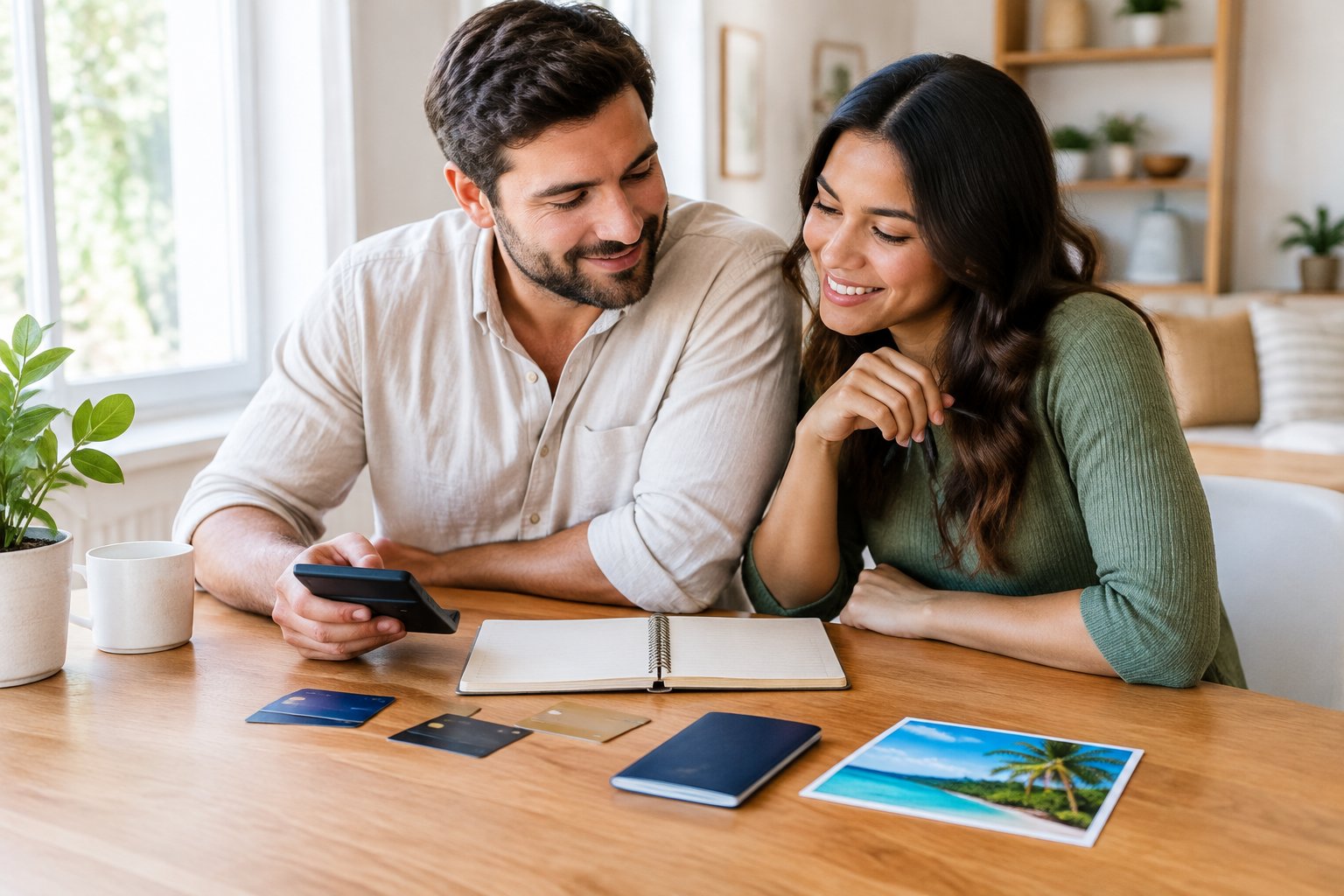 A couple sits together at a table planning their honeymoon budget.