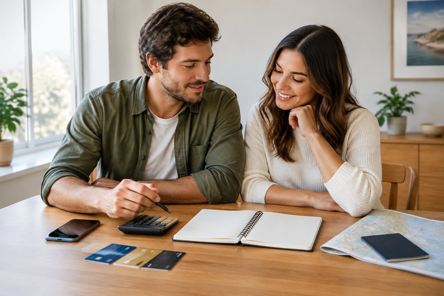 A couple reviews honeymoon plans and finances together at a table.