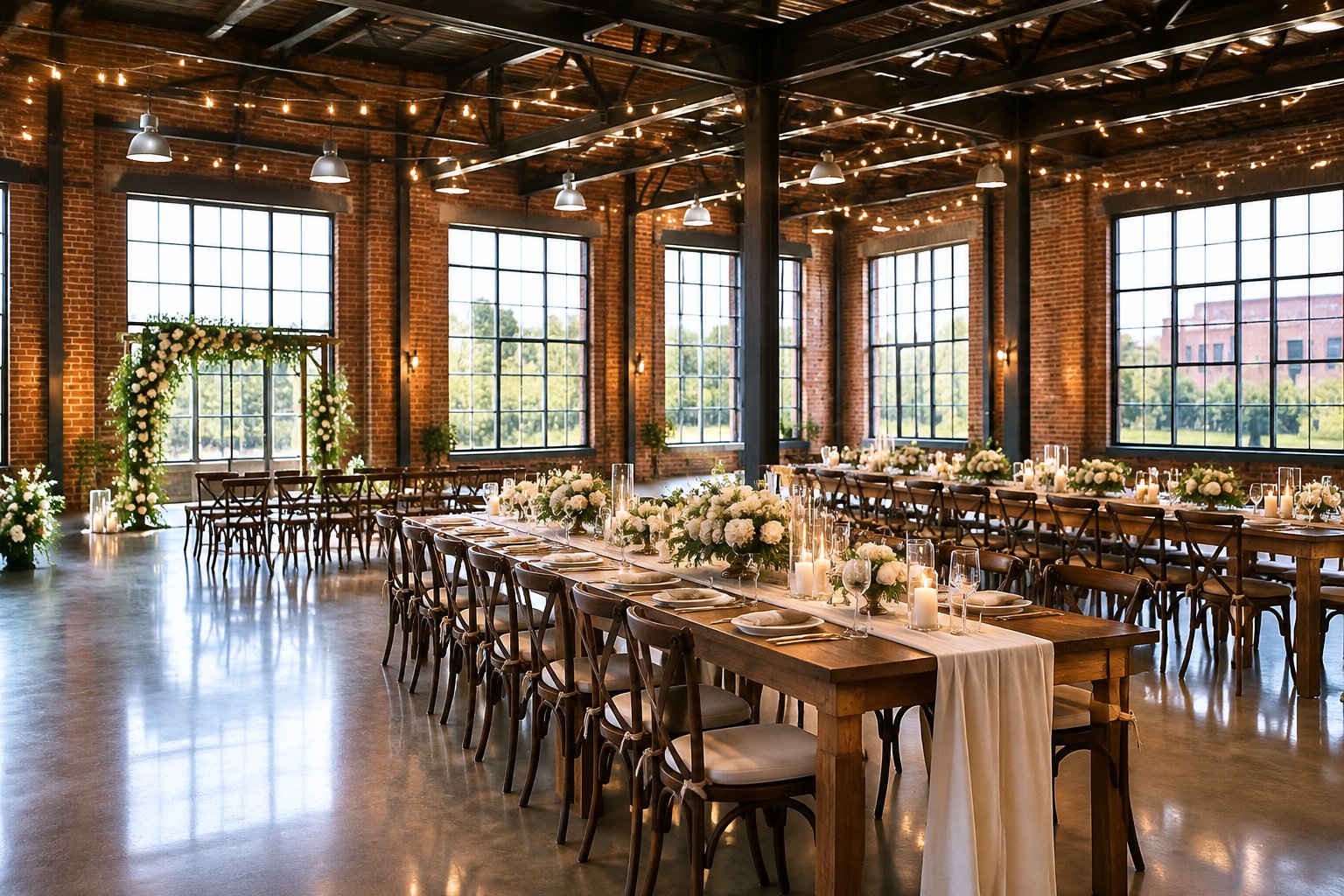 A wedding reception set up inside a brick industrial venue.