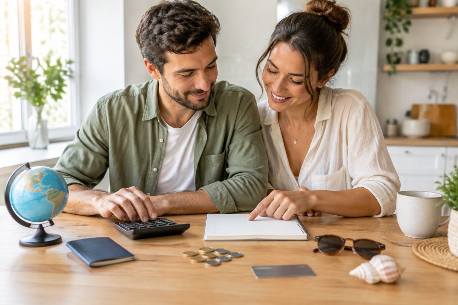 A newlywed couple plans their honeymoon budget together at a kitchen table.