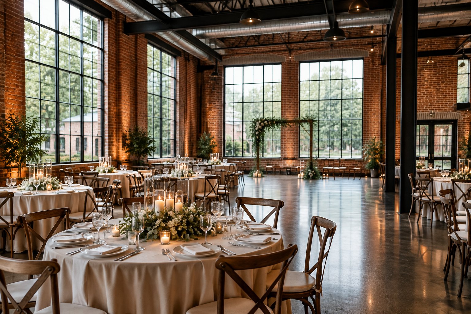 A wedding reception setup inside a brick-and-steel warehouse venue.