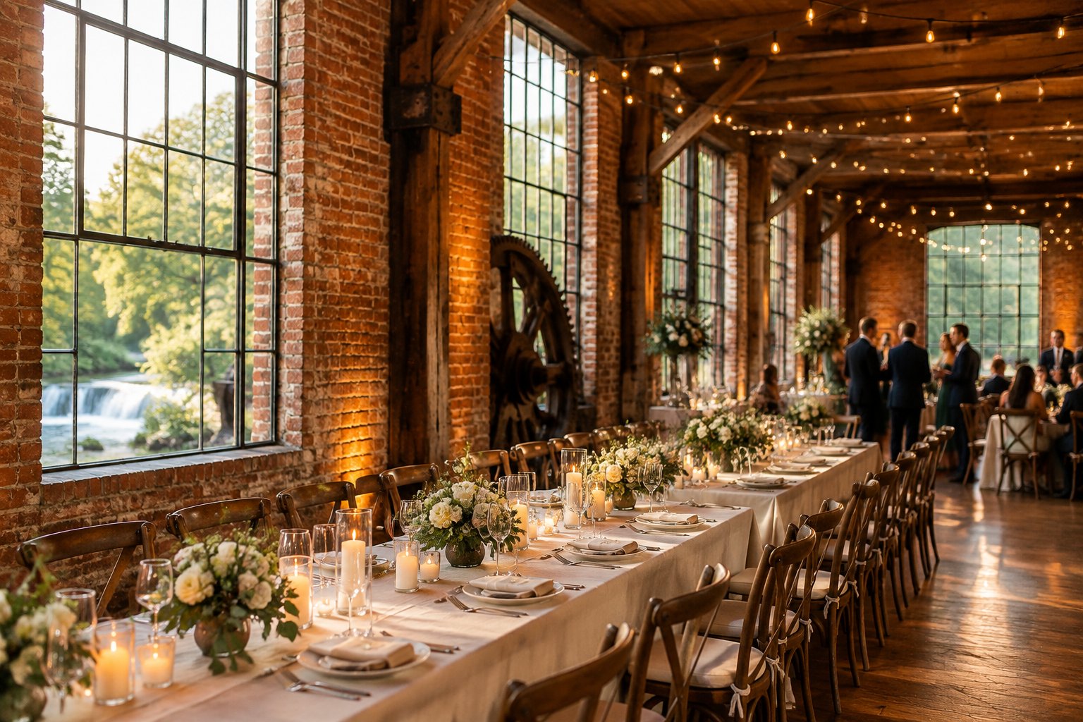 A wedding reception table inside a brick mill venue with tall windows and timber beams.