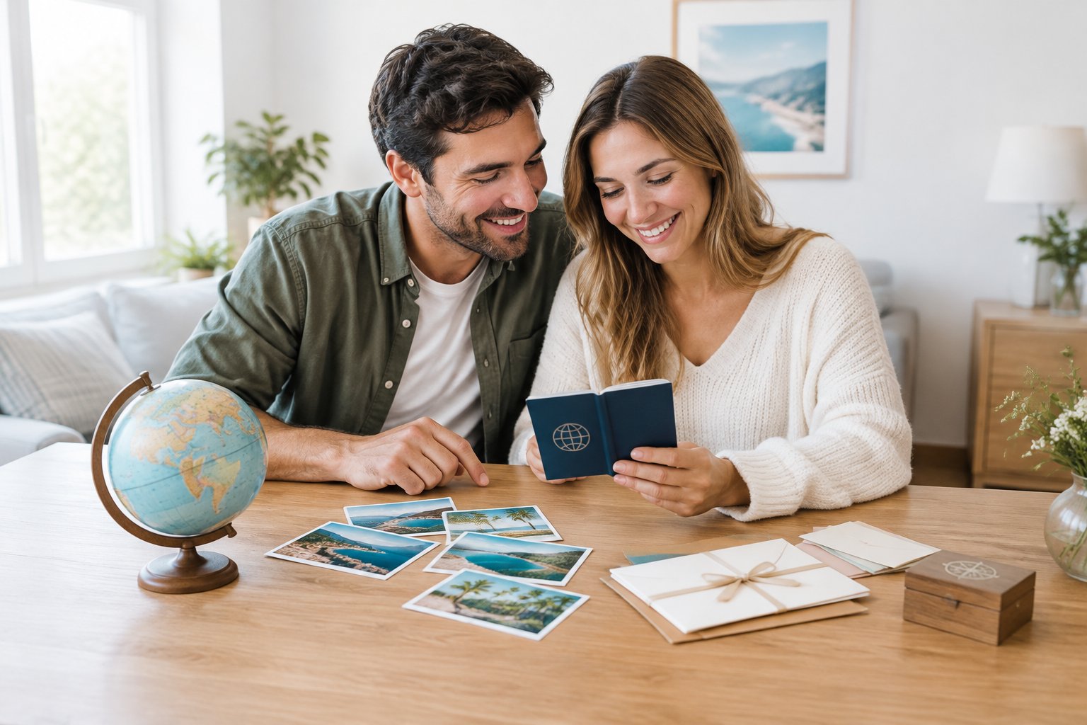 A newlywed couple plans their honeymoon beside wedding gift envelopes, a passport, and a globe.