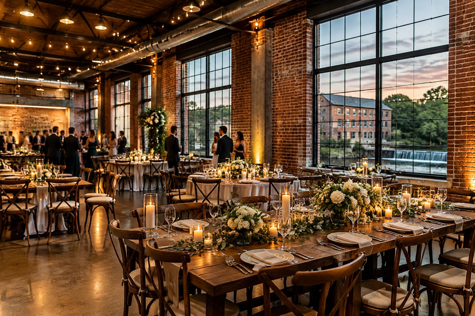 A wedding reception set among exposed brick walls, steel beams, and decorated tables.