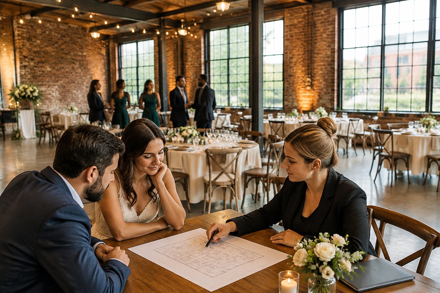 A couple and venue coordinator review a floor plan inside an industrial wedding reception venue.