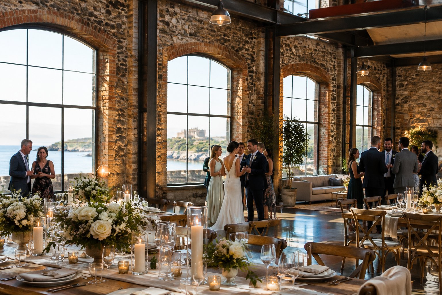 Guests gather around a decorated reception table inside a spacious industrial wedding venue.