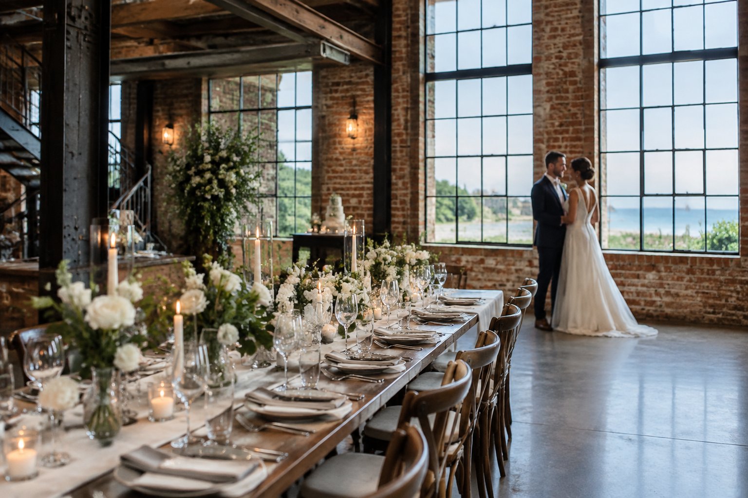 A wedding reception in a brick industrial venue with tall windows and a decorated table.