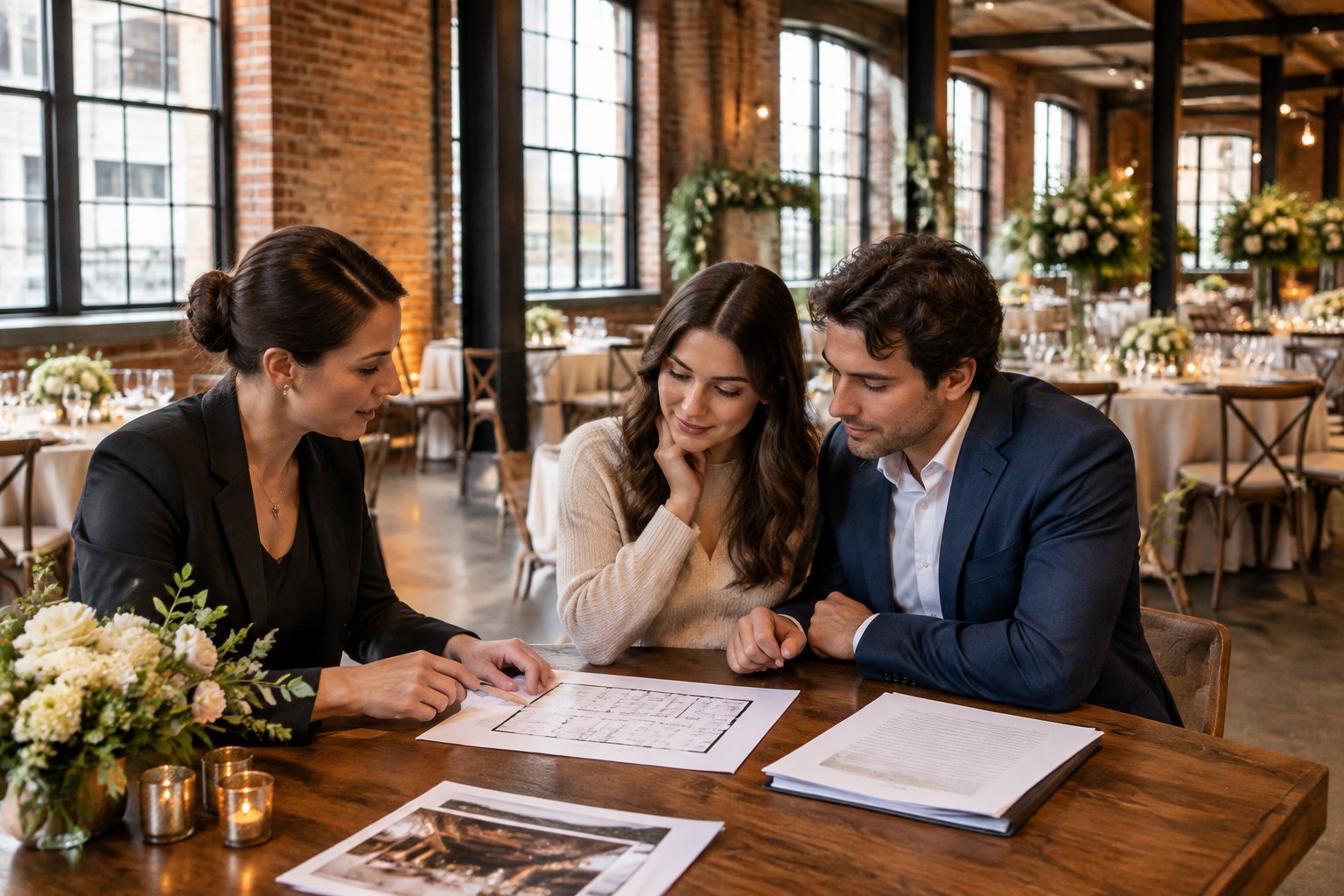 A couple and wedding planner review venue plans in a decorated industrial wedding hall.
