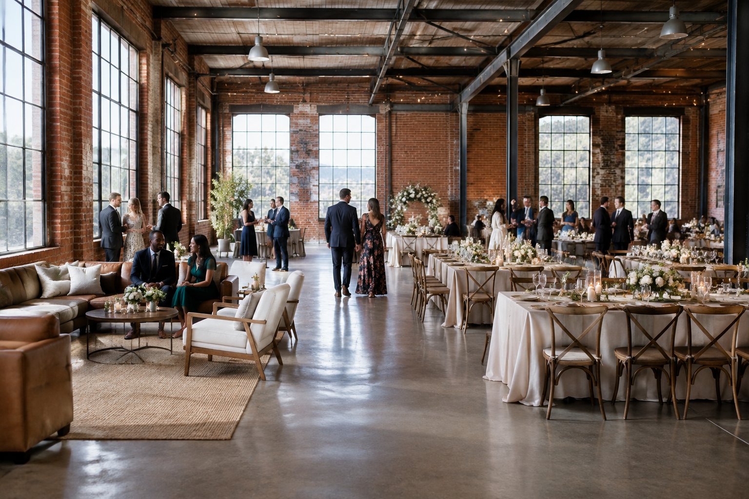 Guests mingle among banquet tables and lounge seating in a spacious industrial wedding venue.
