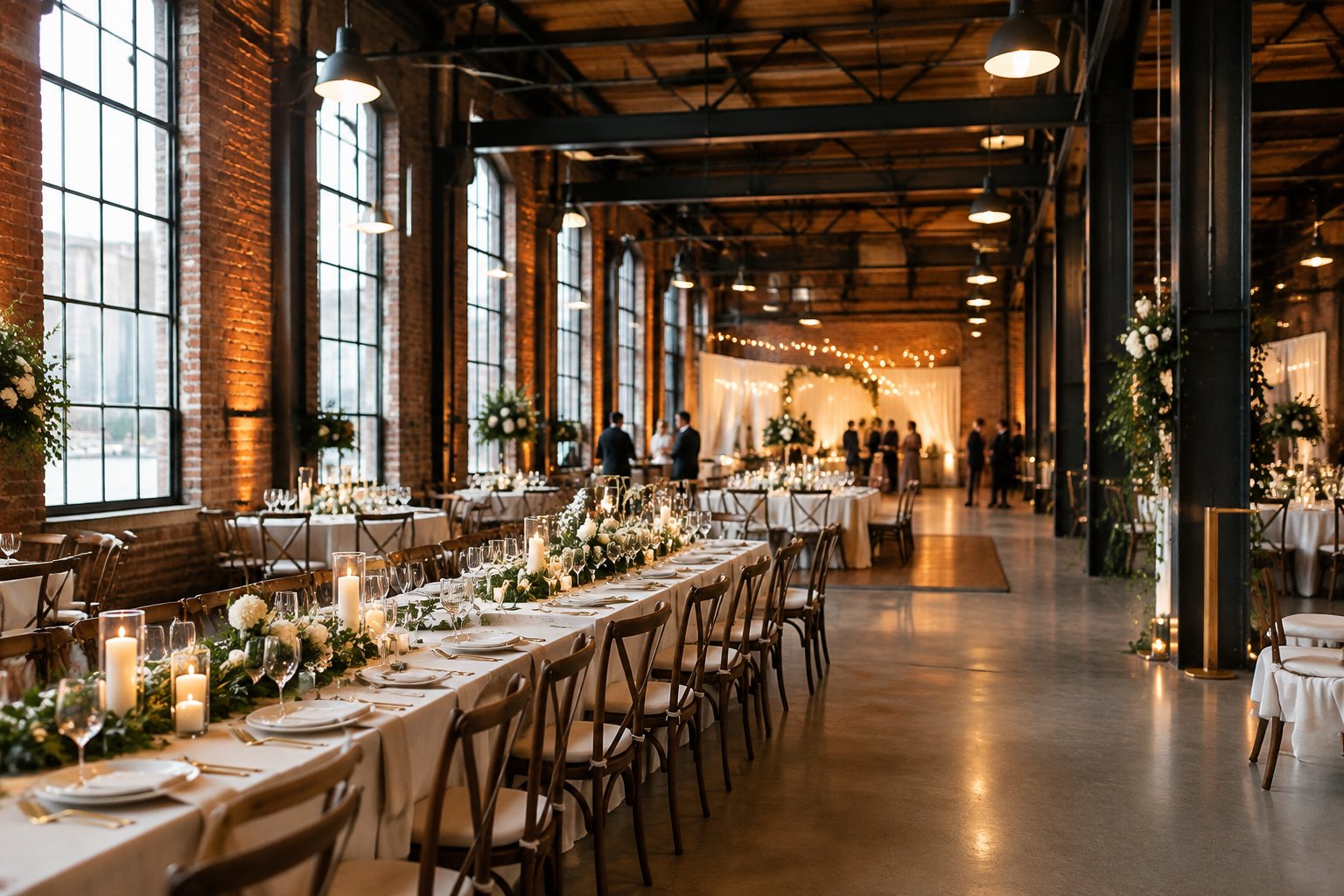A wedding reception set up in a spacious brick-walled venue.