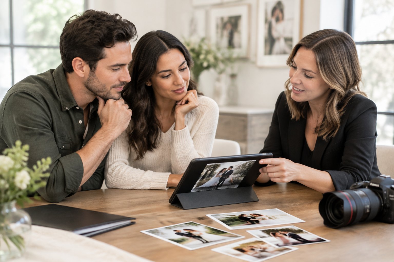 A couple reviews wedding photos with a photographer at a consultation table.