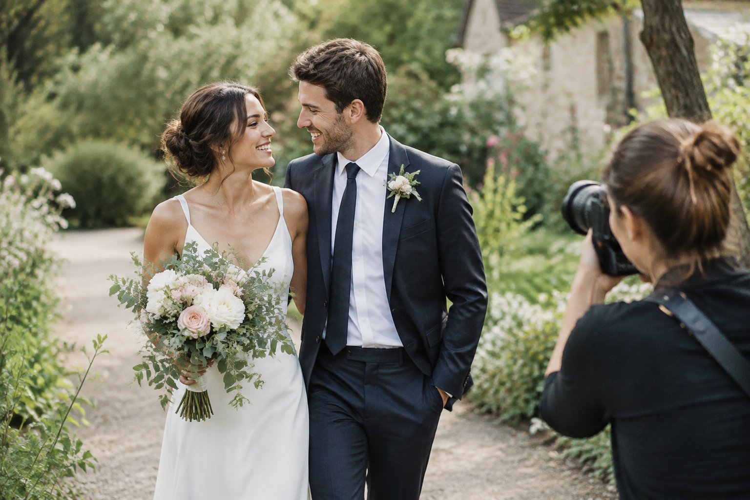 A wedding photographer takes a picture of a couple on a garden path.
