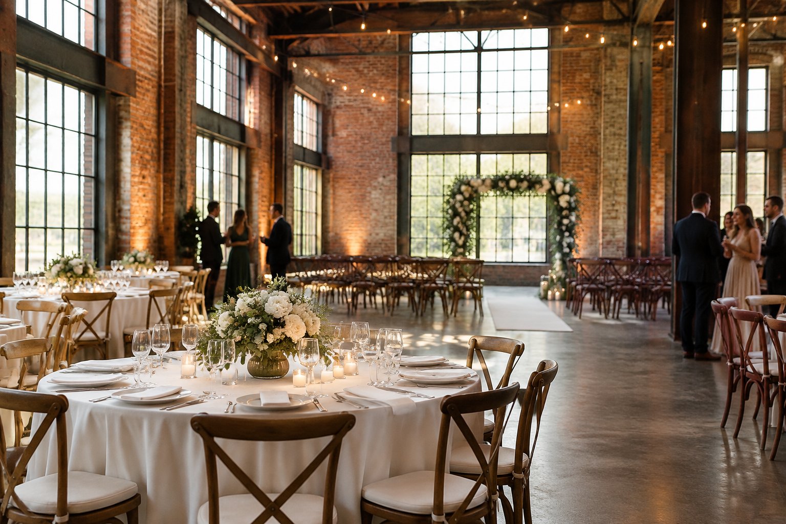 Guests gather around decorated tables in a brick-walled wedding venue.