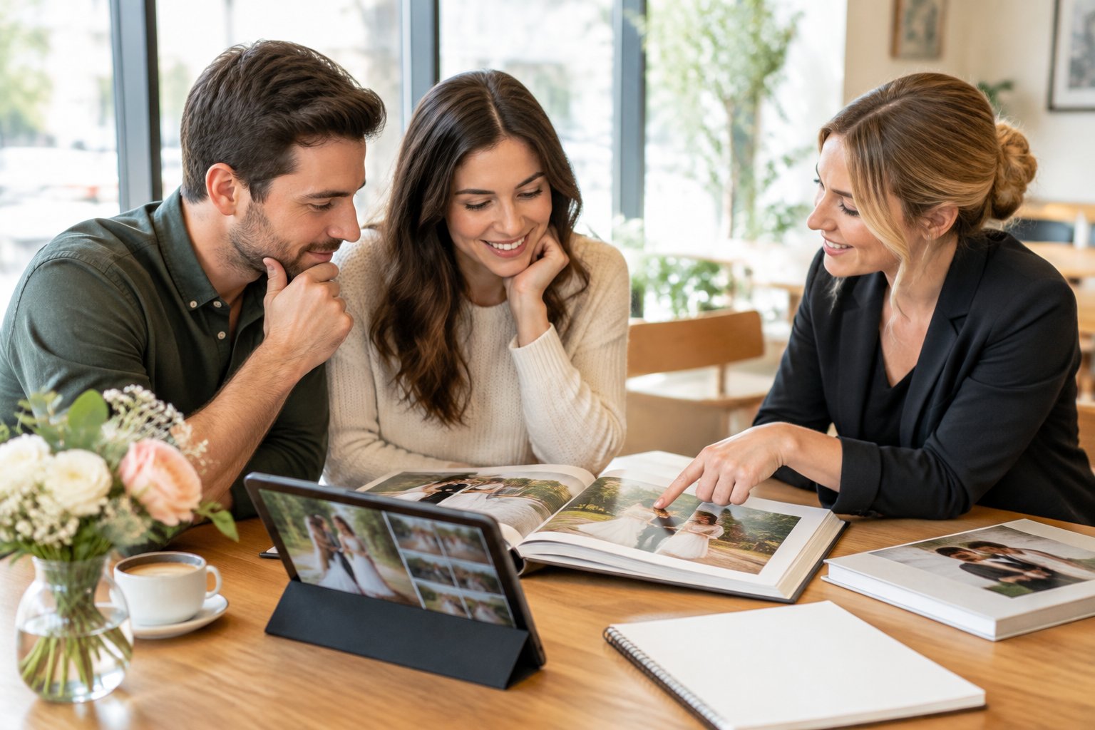 An engaged couple reviews wedding photography portfolios with a local photographer.