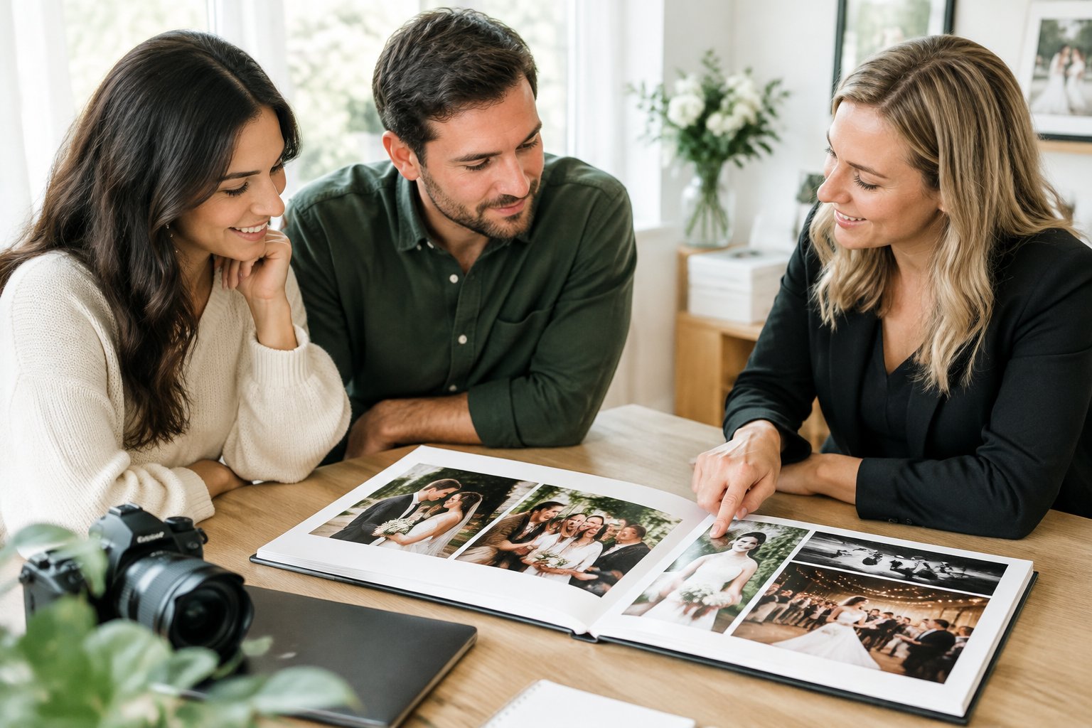 An engaged couple reviews wedding photographs with a photographer.