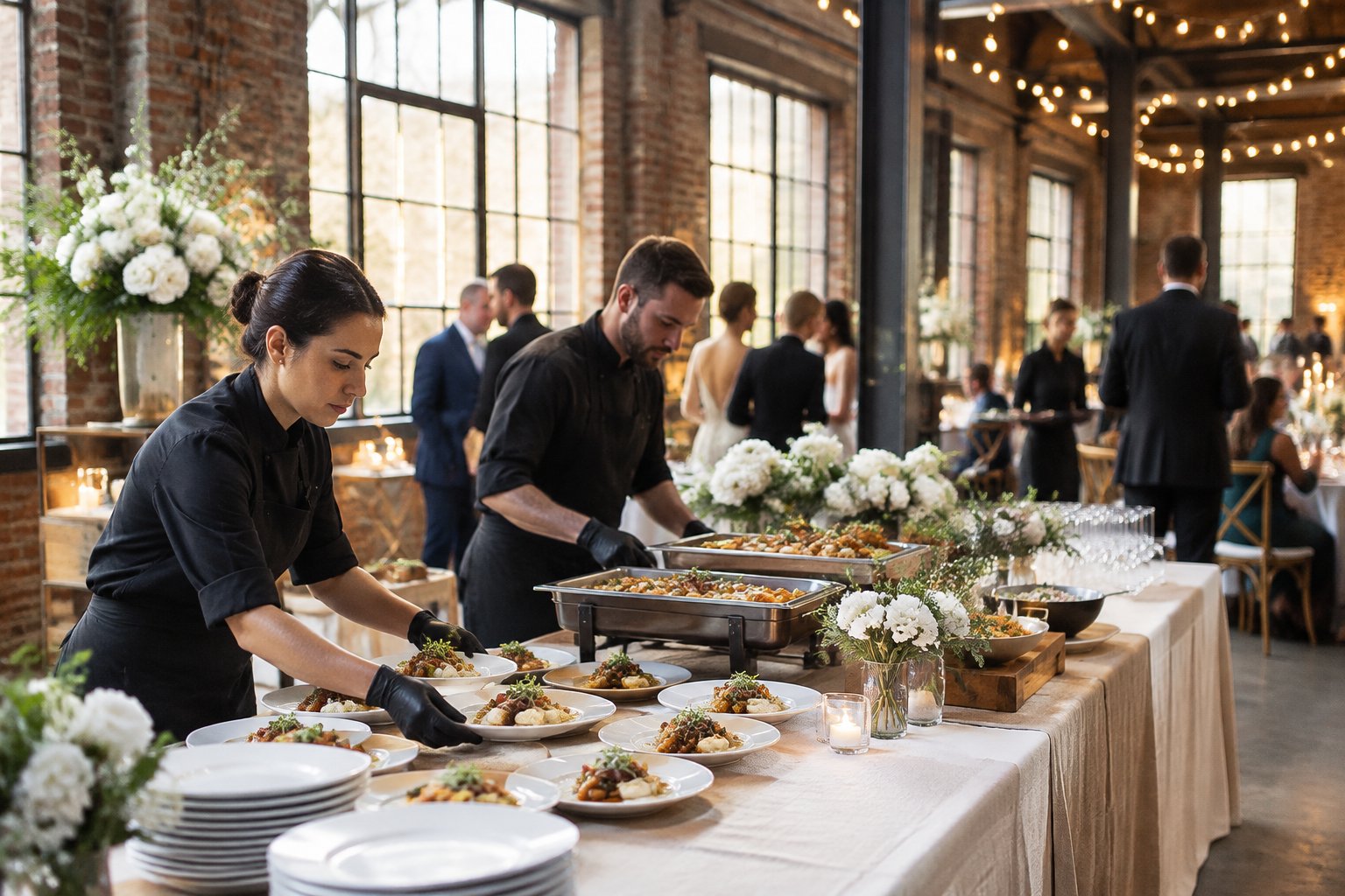 Caterers arrange food at a wedding reception in a converted industrial warehouse.