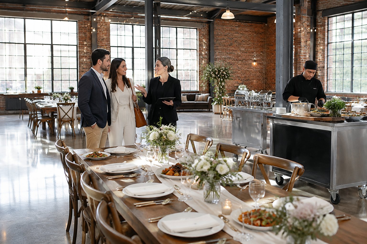 A couple and wedding planner review a catered table setup inside a converted warehouse venue.
