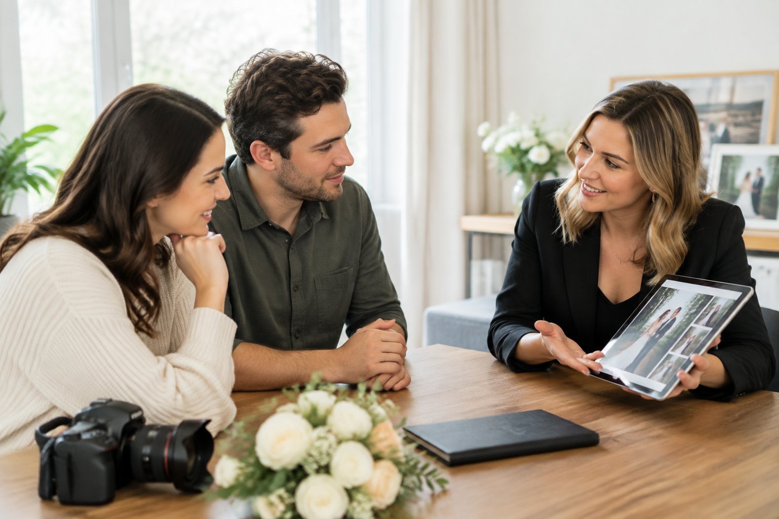 A couple discusses a wedding photography portfolio with a photographer at a table.