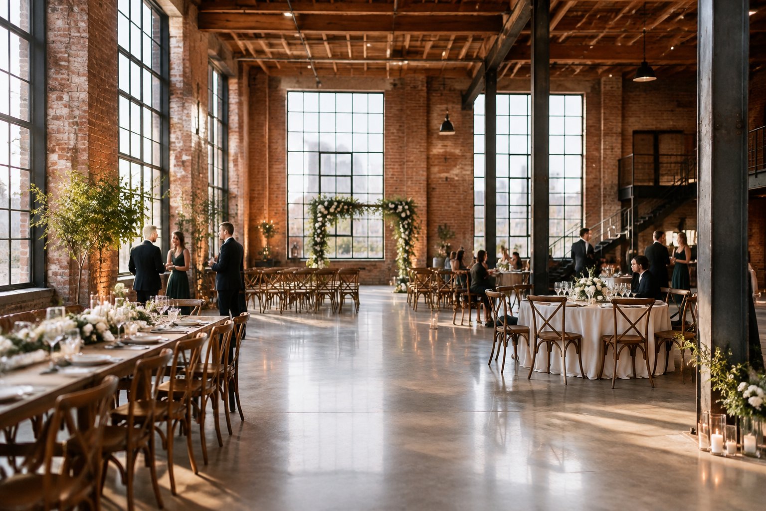 A wedding reception arranged inside a brick industrial venue.