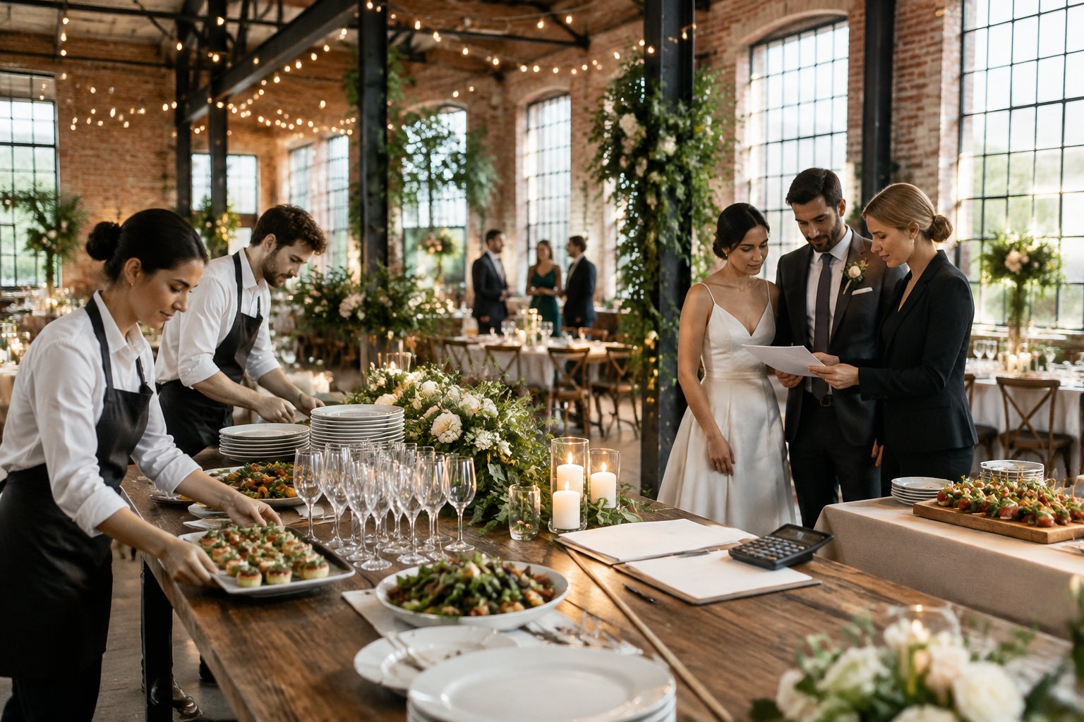 A catering team prepares a wedding reception in a converted industrial warehouse while the couple reviews paperwork.