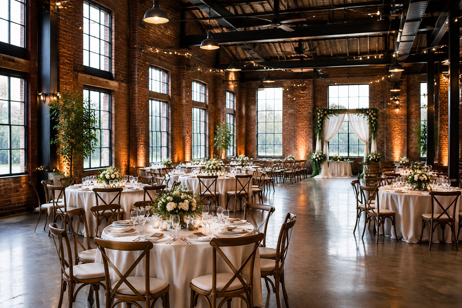 A wedding reception set in a brick industrial venue.