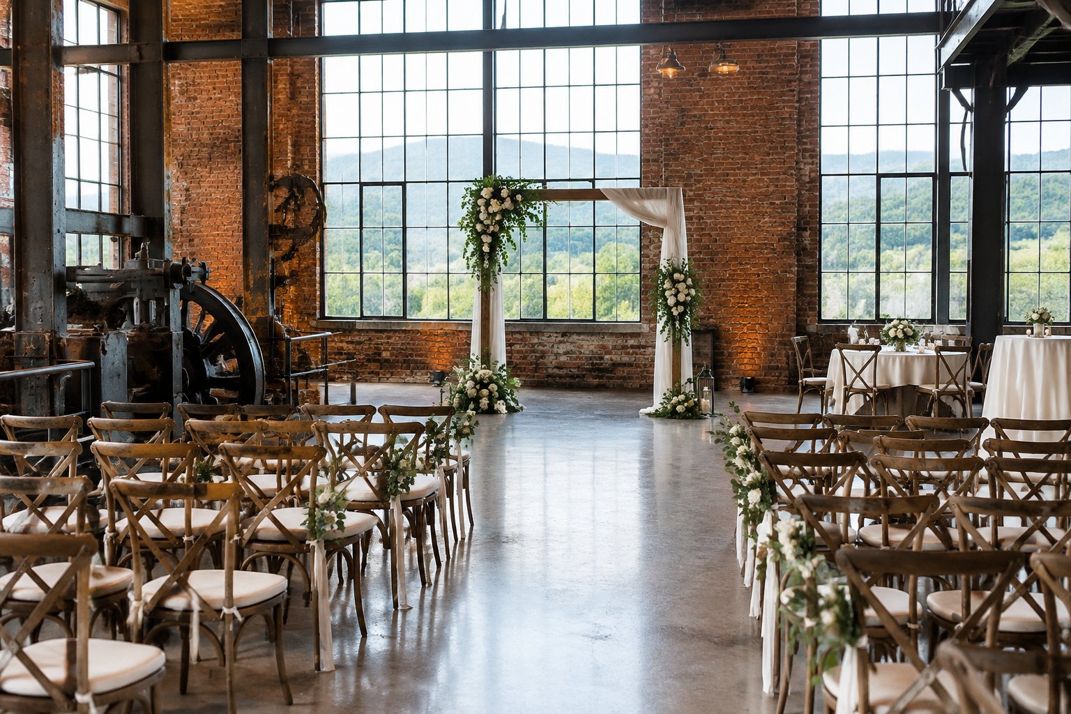 A wedding ceremony set inside a renovated industrial building.