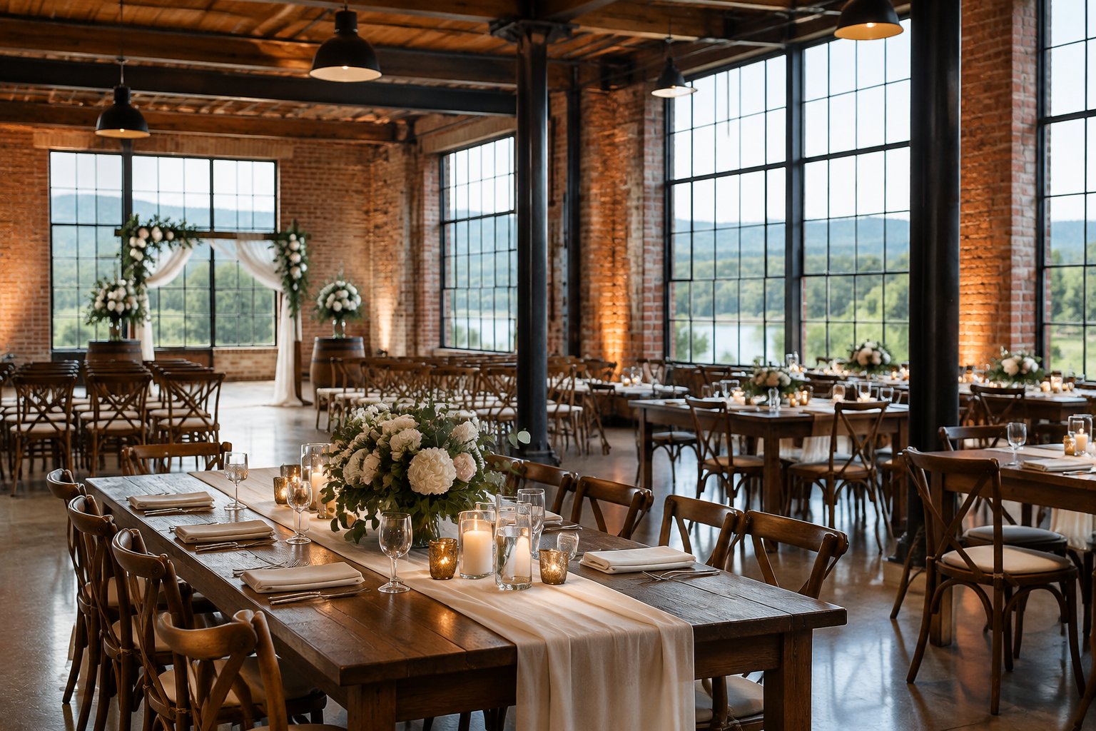 A wedding reception set inside a spacious brick building.