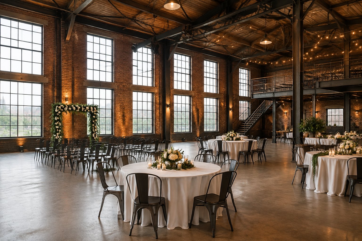 A wedding reception arranged inside a brick-walled industrial venue.