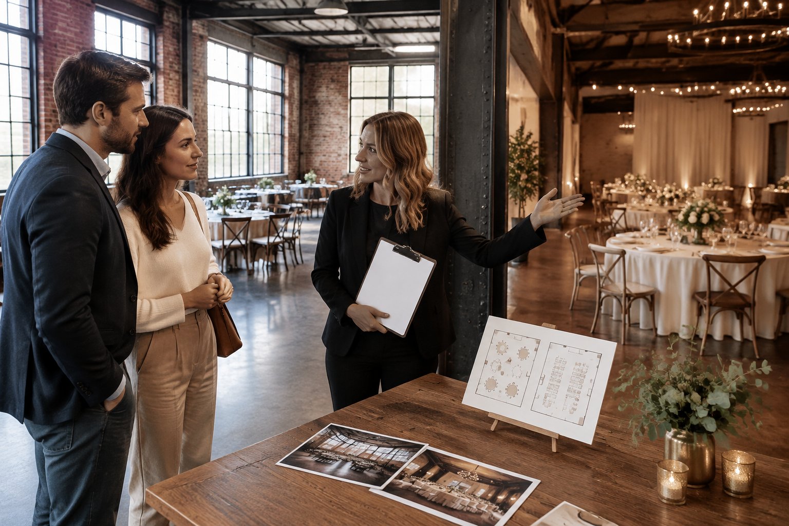 A couple and venue coordinator compare reception spaces in an industrial wedding venue.