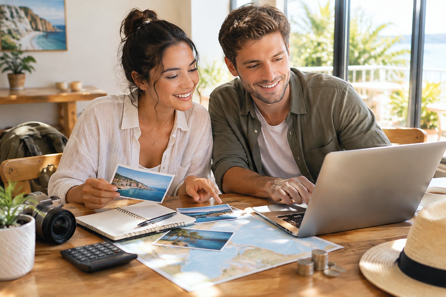 A newlywed couple reviews honeymoon plans together at a café table.