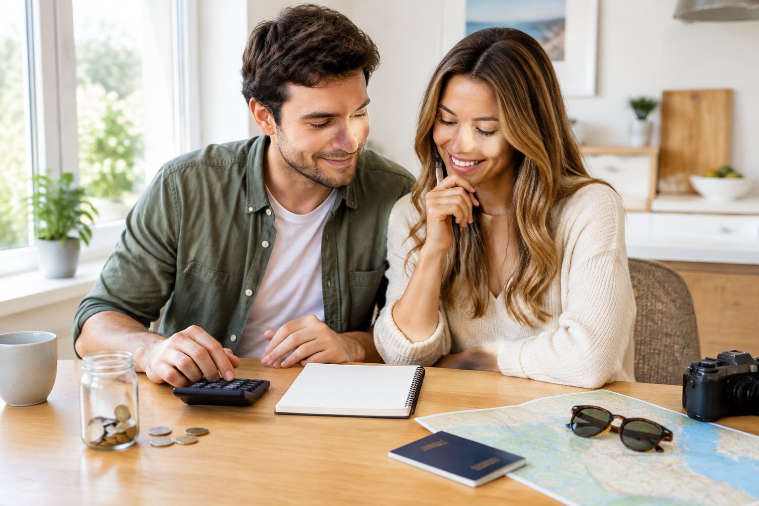 A couple reviews a notebook and calculator while planning their honeymoon budget.